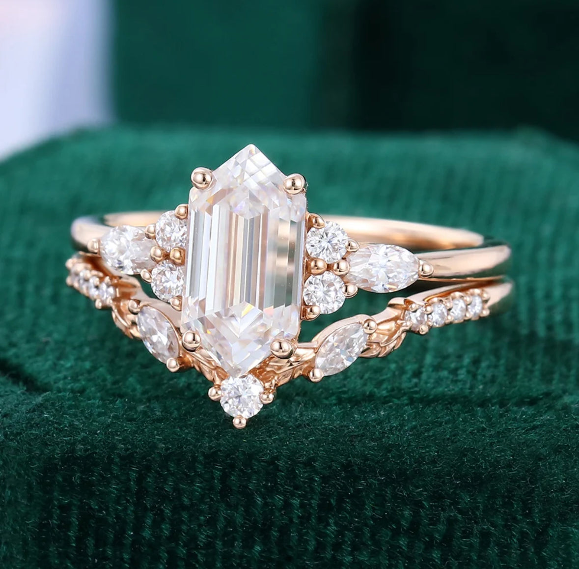 1.5 ct Long Hexagon Cut Diamond Nature Themed Wedding Ring Set 18k Gold