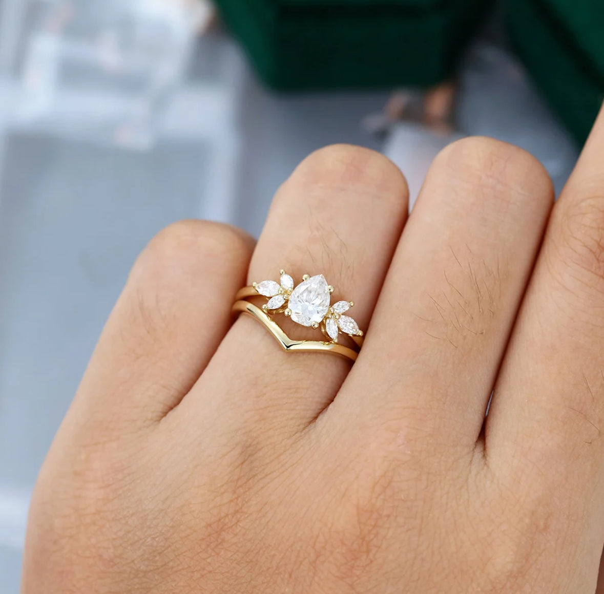1.5 ct Pear Shaped Diamond Cluster Engagement Ring With Plain Curved Wedding Band Bridal Set 18k Gold