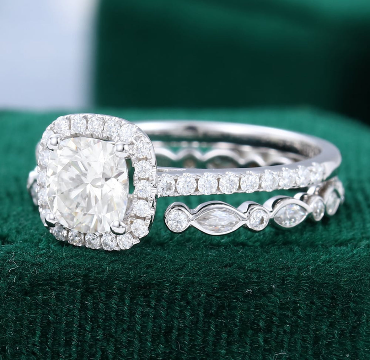 1.5 ct Cushion Cut Diamond Half Eternity Open Band Engagement Ring Set 18k Gold