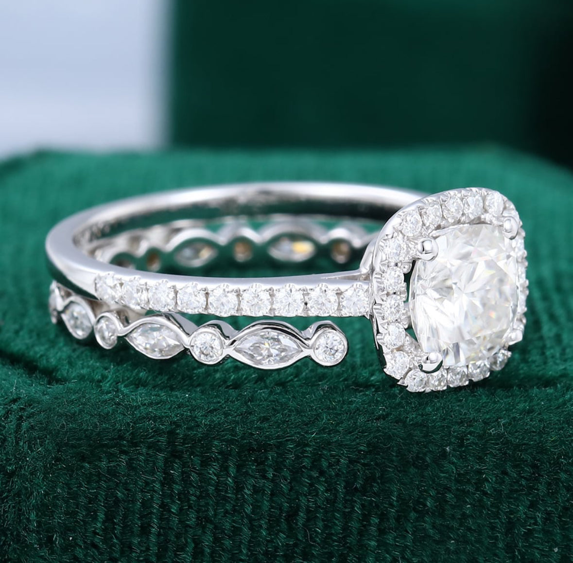 1.5 ct Cushion Cut Diamond Half Eternity Open Band Engagement Ring Set 18k Gold