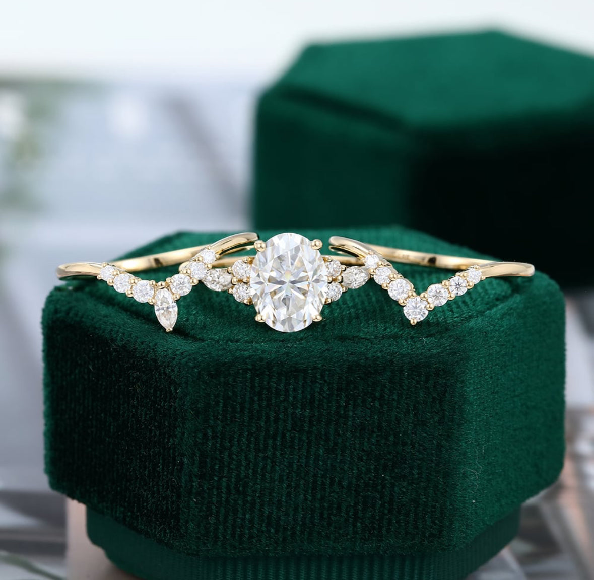 1.5 ct 3 Pieces Oval Cut Diamond Engagement Ring Set 18k Gold