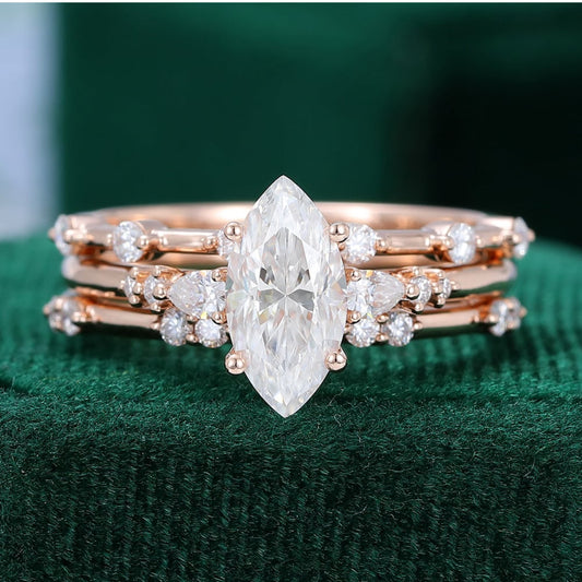 1.5 ct 3PCS Marquise Cut Diamond Rose Gold Diamond Engagement Ring Set 18k Gold