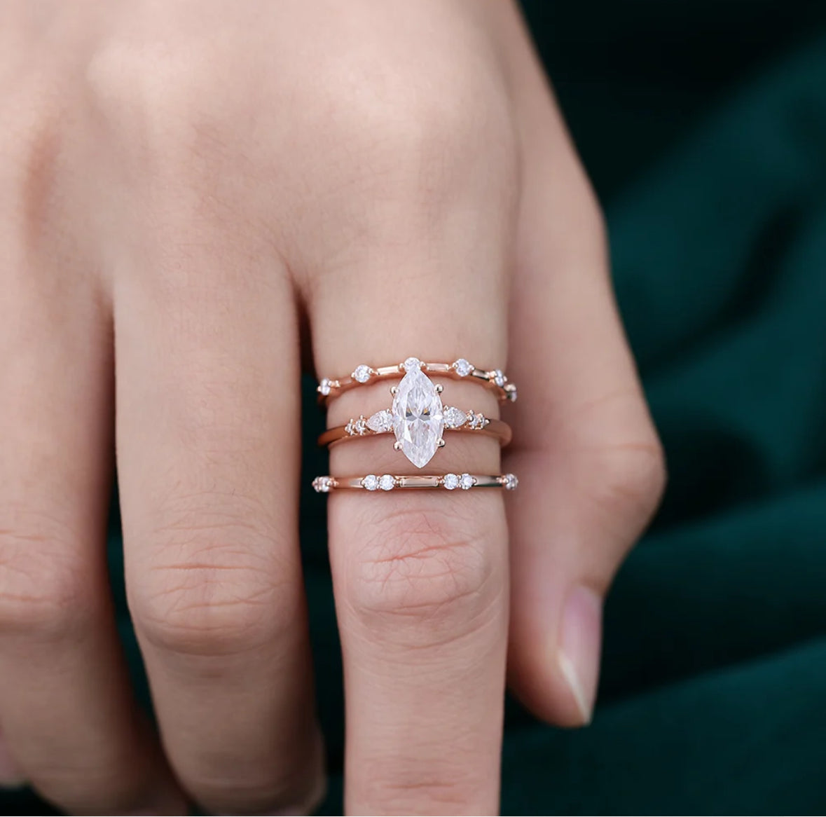 1.5 ct 3PCS Marquise Cut Diamond Rose Gold Diamond Engagement Ring Set 18k Gold
