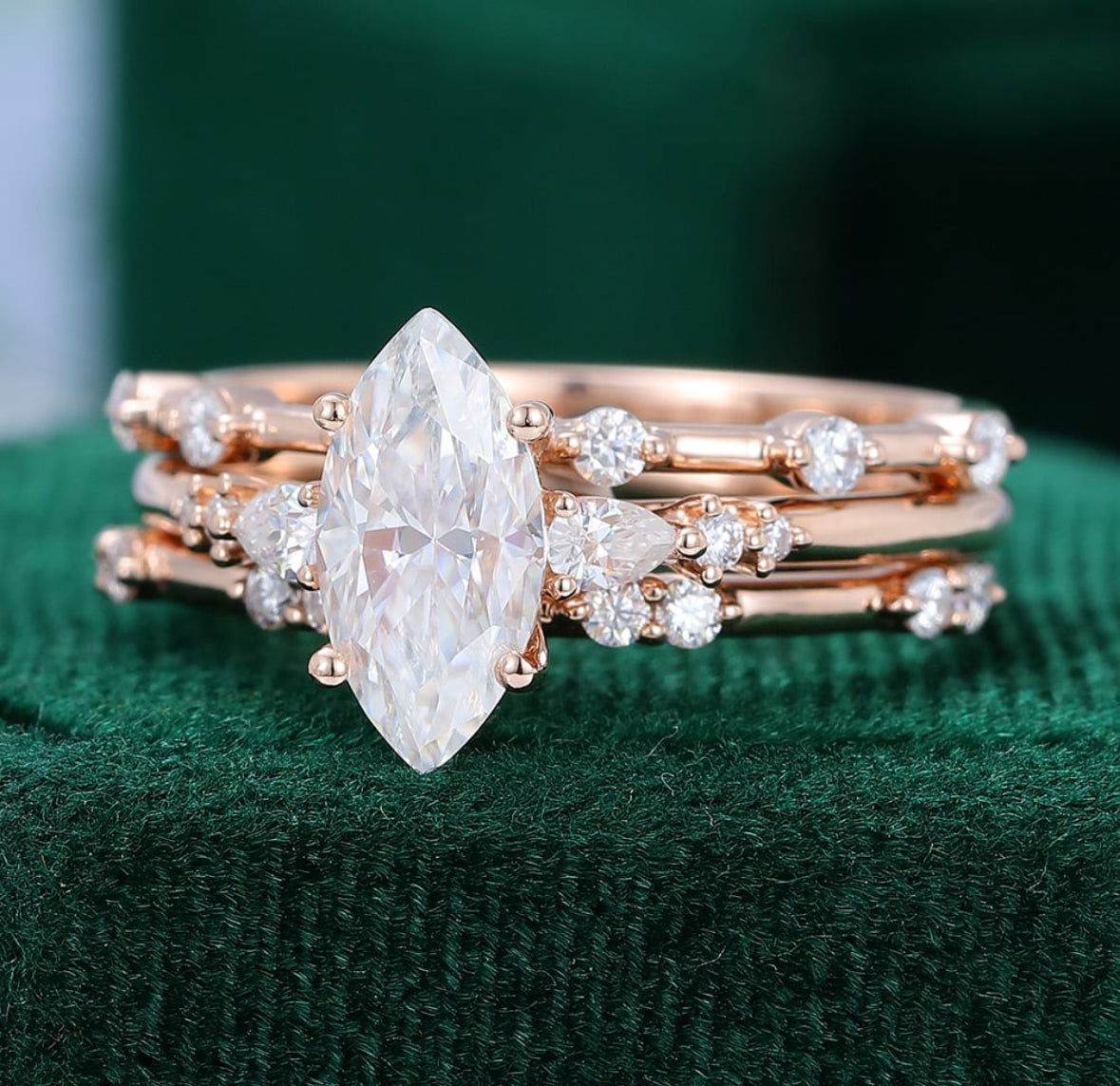 1.5 ct 3PCS Marquise Cut Diamond Rose Gold Diamond Engagement Ring Set 18k Gold