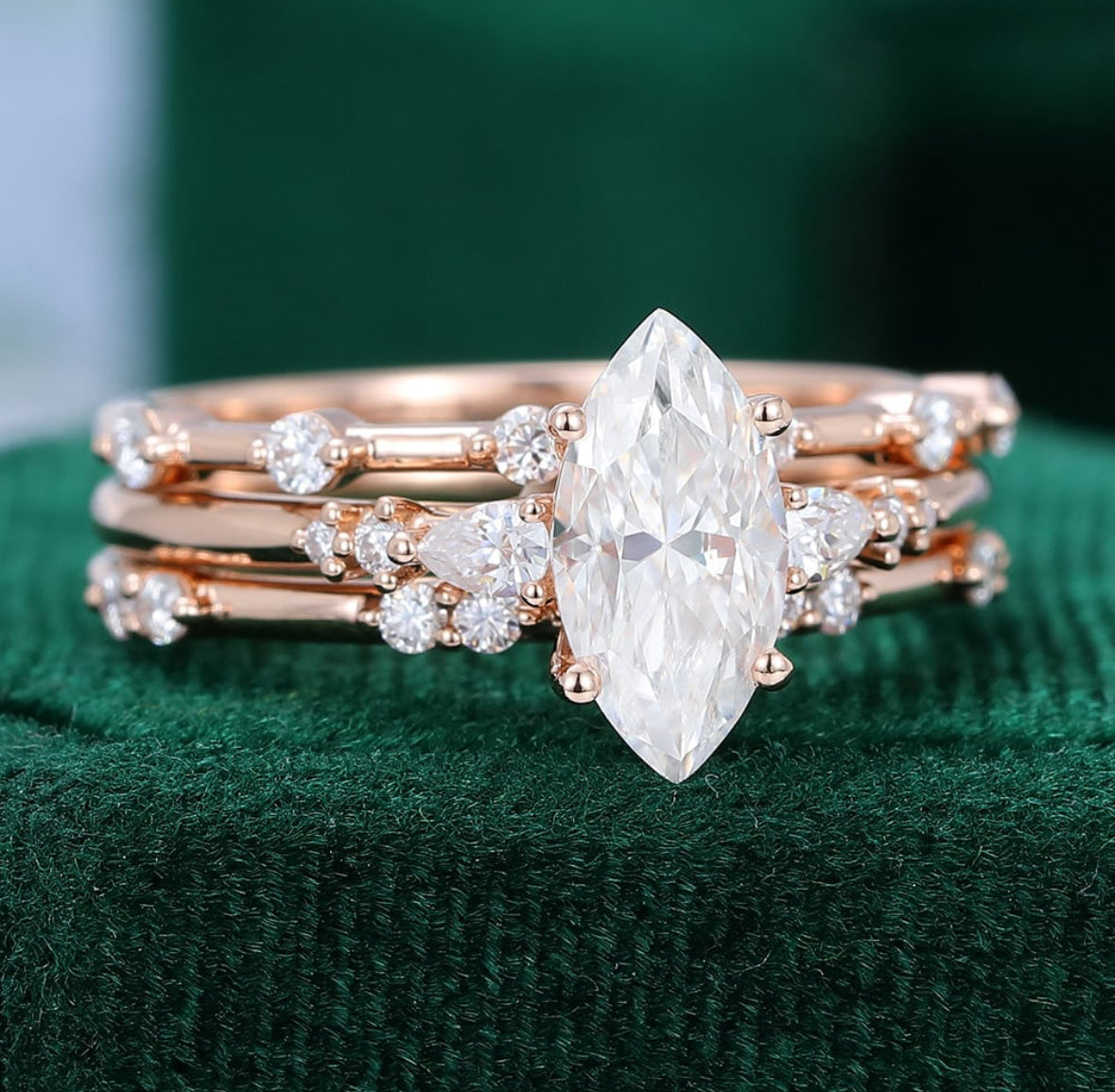 1.5 ct 3PCS Marquise Cut Diamond Rose Gold Diamond Engagement Ring Set 18k Gold