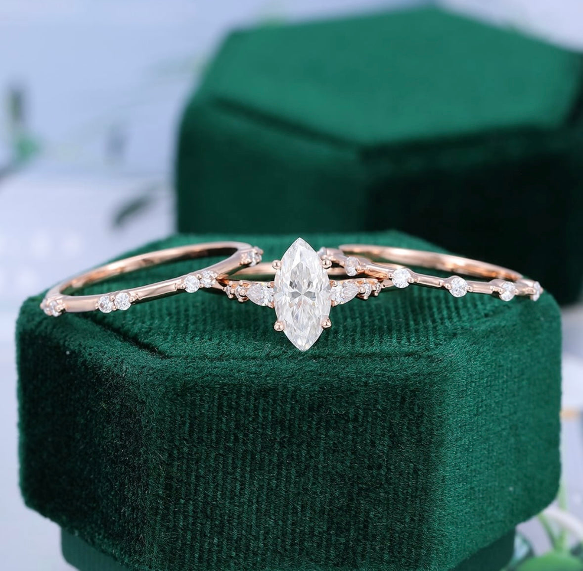 1.5 ct 3PCS Marquise Cut Diamond Rose Gold Diamond Engagement Ring Set 18k Gold