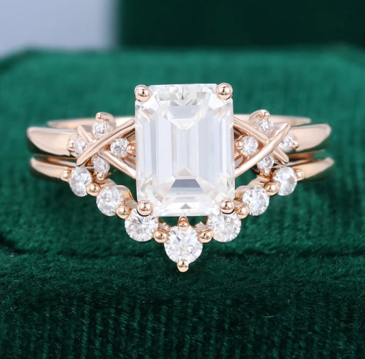 1.5 ct Emerald Cut Diamond Criss Cross Diamond Accented Bridal Ring Set 18k Gold