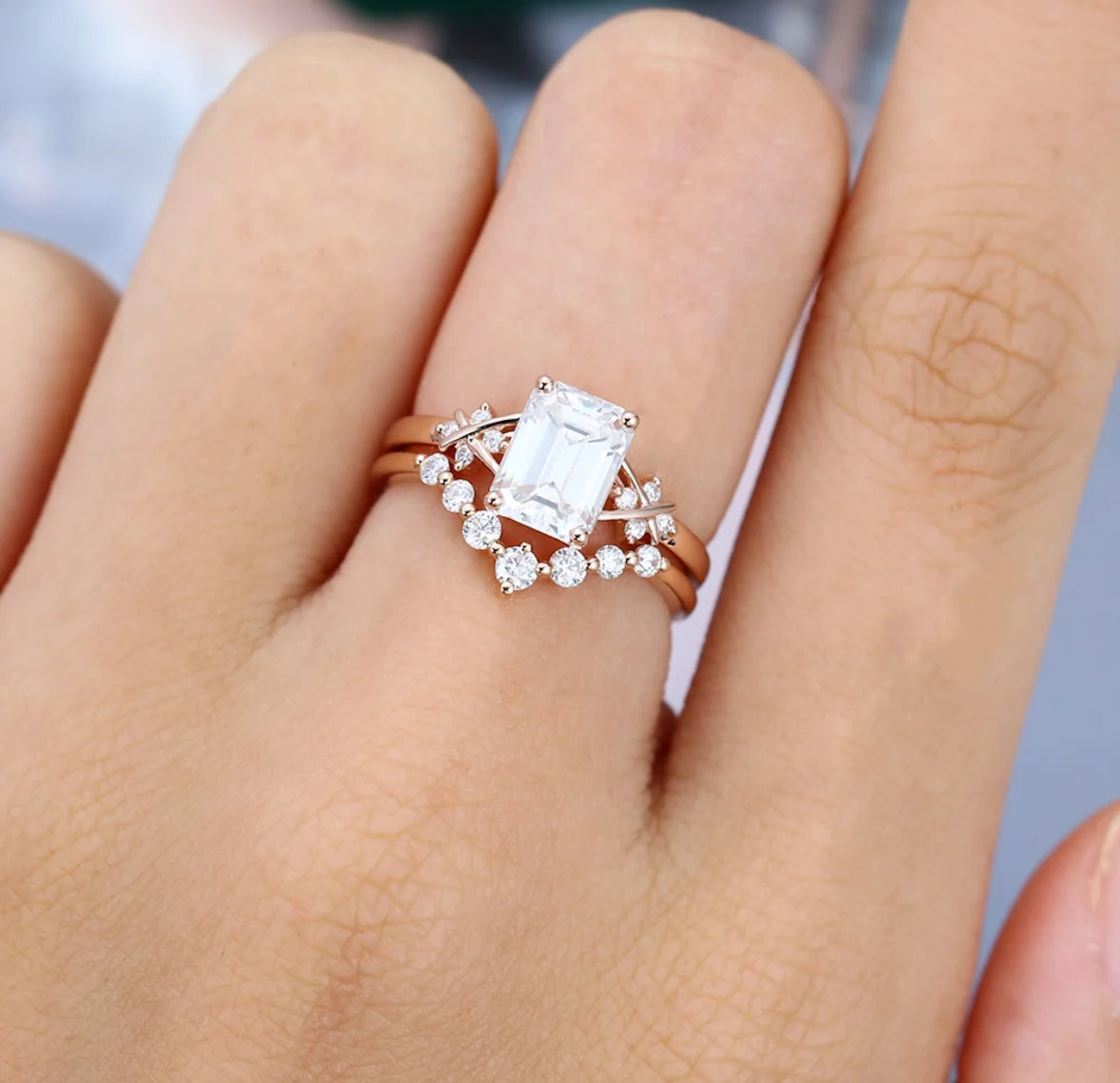 1.5 ct Emerald Cut Diamond Criss Cross Diamond Accented Bridal Ring Set 18k Gold