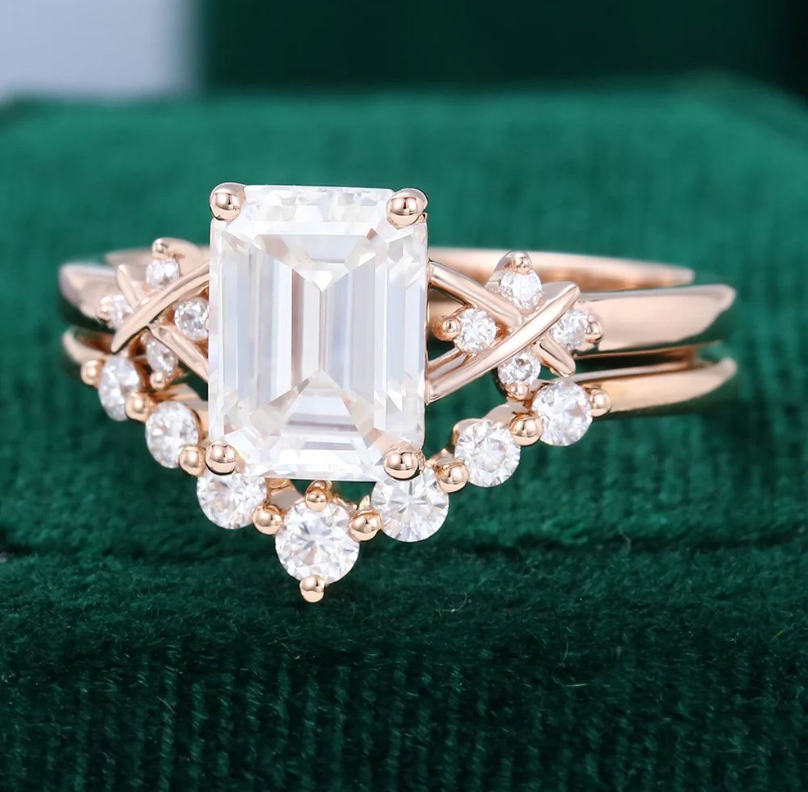 1.5 ct Emerald Cut Diamond Criss Cross Diamond Accented Bridal Ring Set 18k Gold