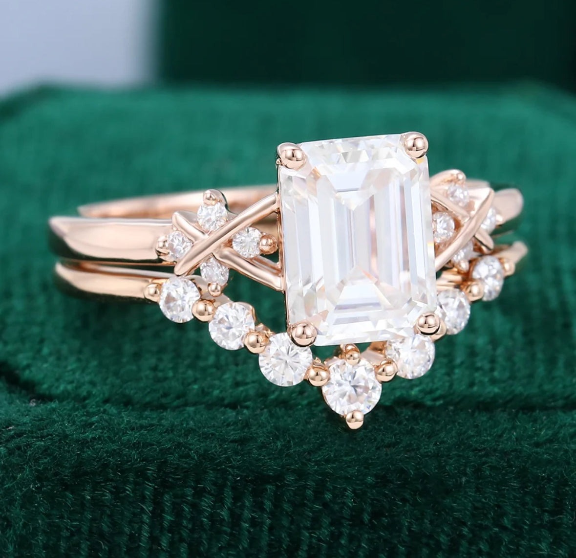 1.5 ct Emerald Cut Diamond Criss Cross Diamond Accented Bridal Ring Set 18k Gold