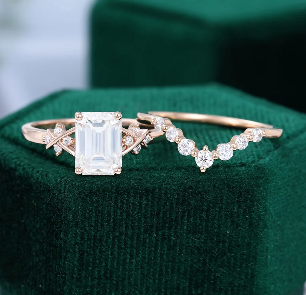1.5 ct Emerald Cut Diamond Criss Cross Diamond Accented Bridal Ring Set 18k Gold