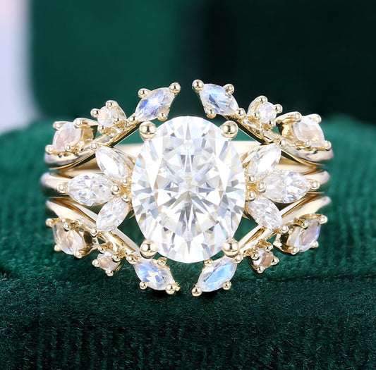 1.5 ct  Oval Diamond Wedding Ring Set 18k Gold With Moonstone Enhancer