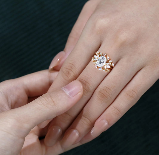 1.5 ct  Oval Diamond Wedding Ring Set 18k Gold With Moonstone Enhancer