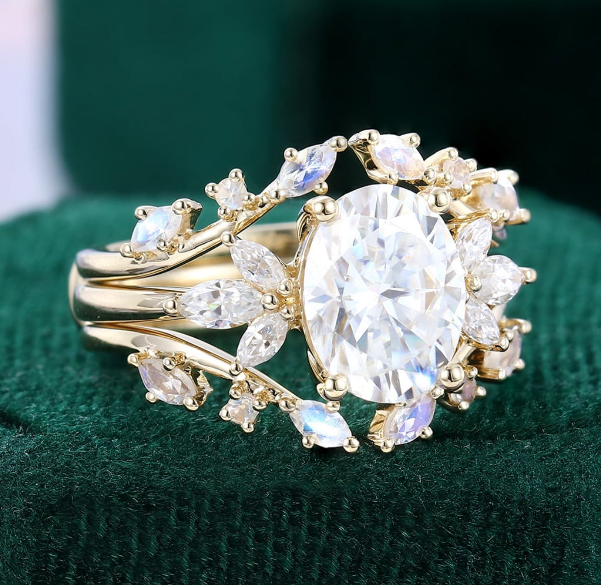1.5 ct  Oval Diamond Wedding Ring Set 18k Gold With Moonstone Enhancer