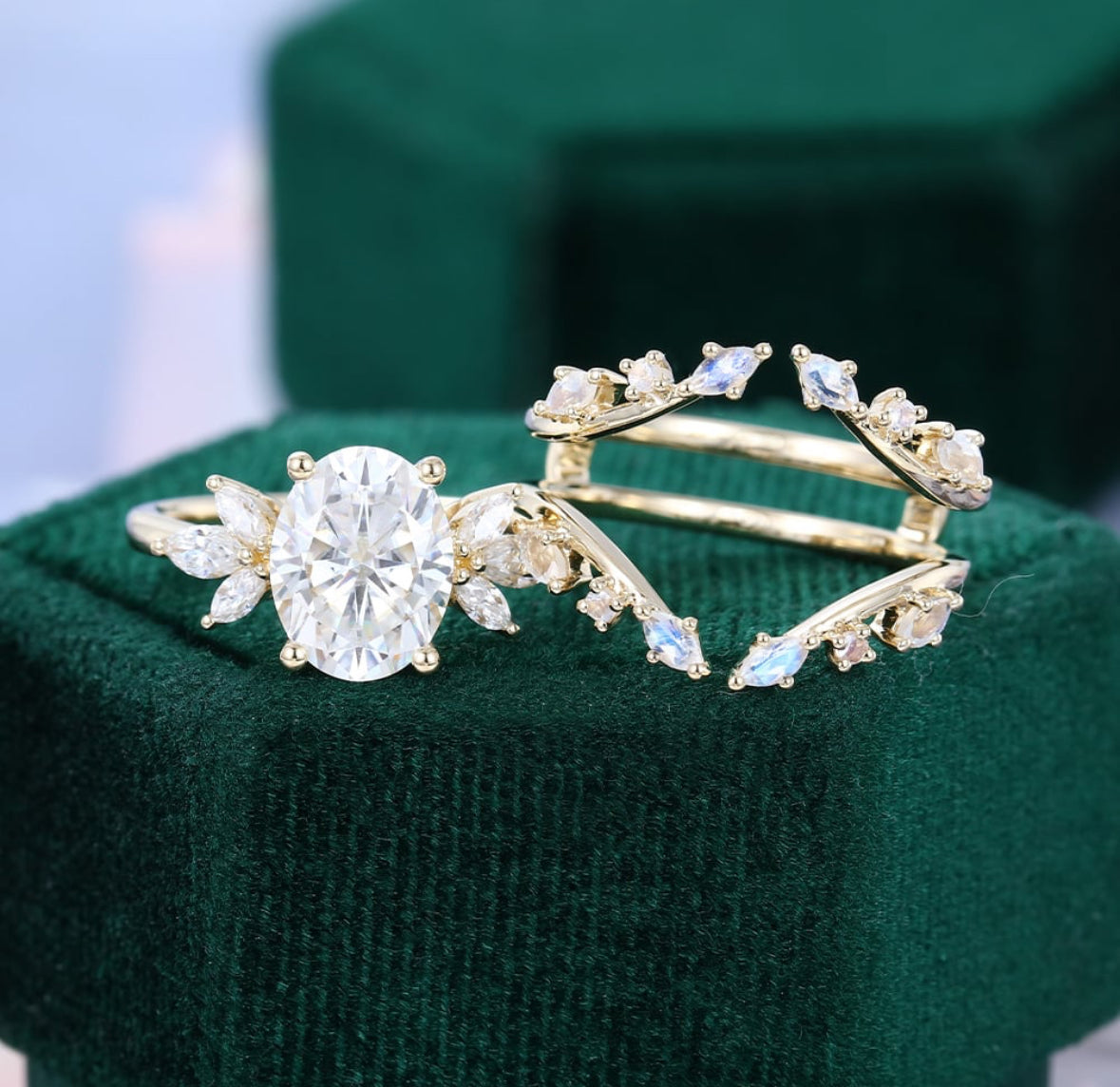 1.5 ct  Oval Diamond Wedding Ring Set 18k Gold With Moonstone Enhancer