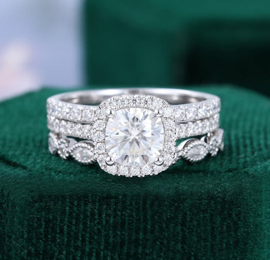 1.5 ct 3PCS Cushion Cut Diamond Engagement Ring Set Half Eternity Ring Set 18k Gold