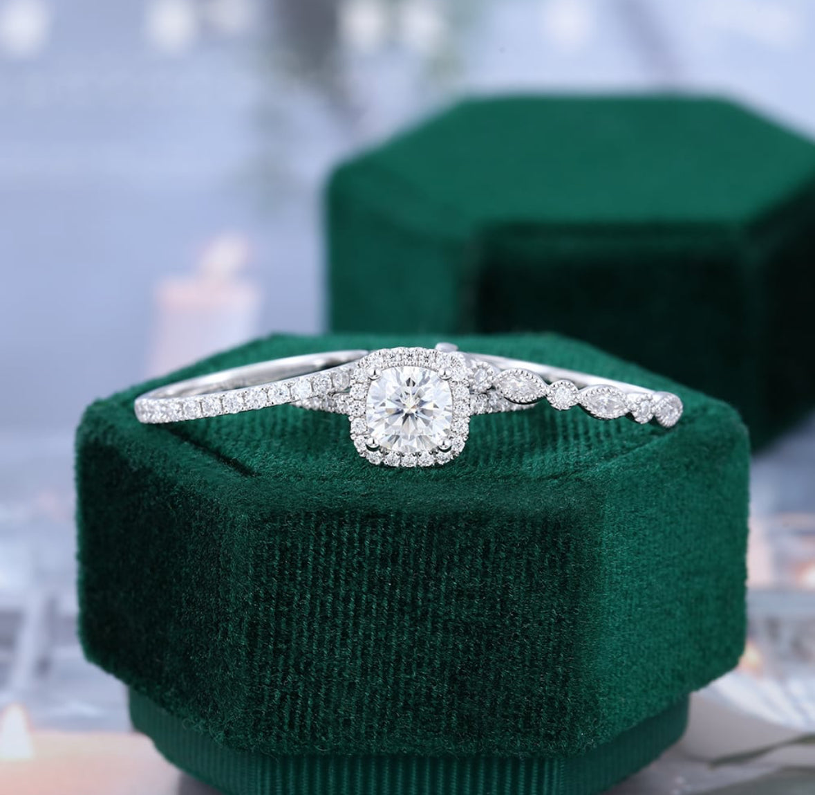 1.5 ct 3PCS Cushion Cut Diamond Engagement Ring Set Half Eternity Ring Set 18k Gold
