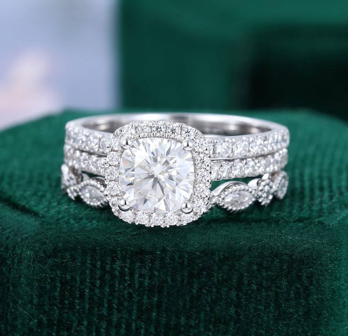 1.5 ct 3PCS Cushion Cut Diamond Engagement Ring Set Half Eternity Ring Set 18k Gold