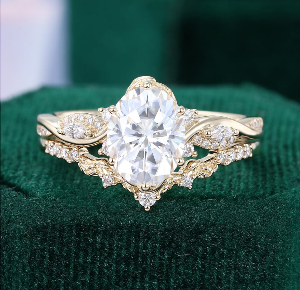 2ct Oval Cut Diamond Bridal Ring Set 2PCS Nature Inspired Matching Ring Set 18k Gold