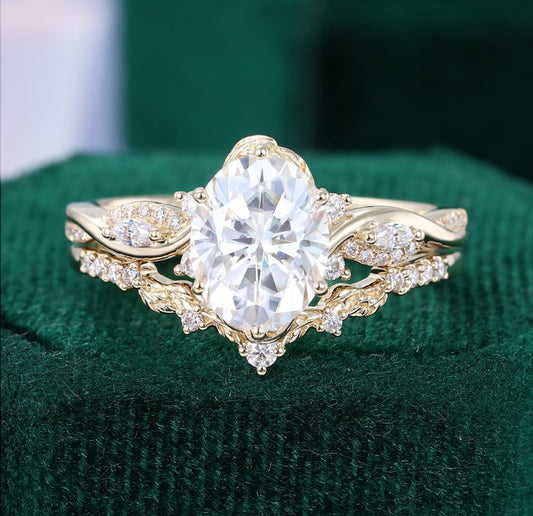 2ct Oval Cut Diamond Bridal Ring Set 2PCS Nature Inspired Matching Ring Set 18k Gold
