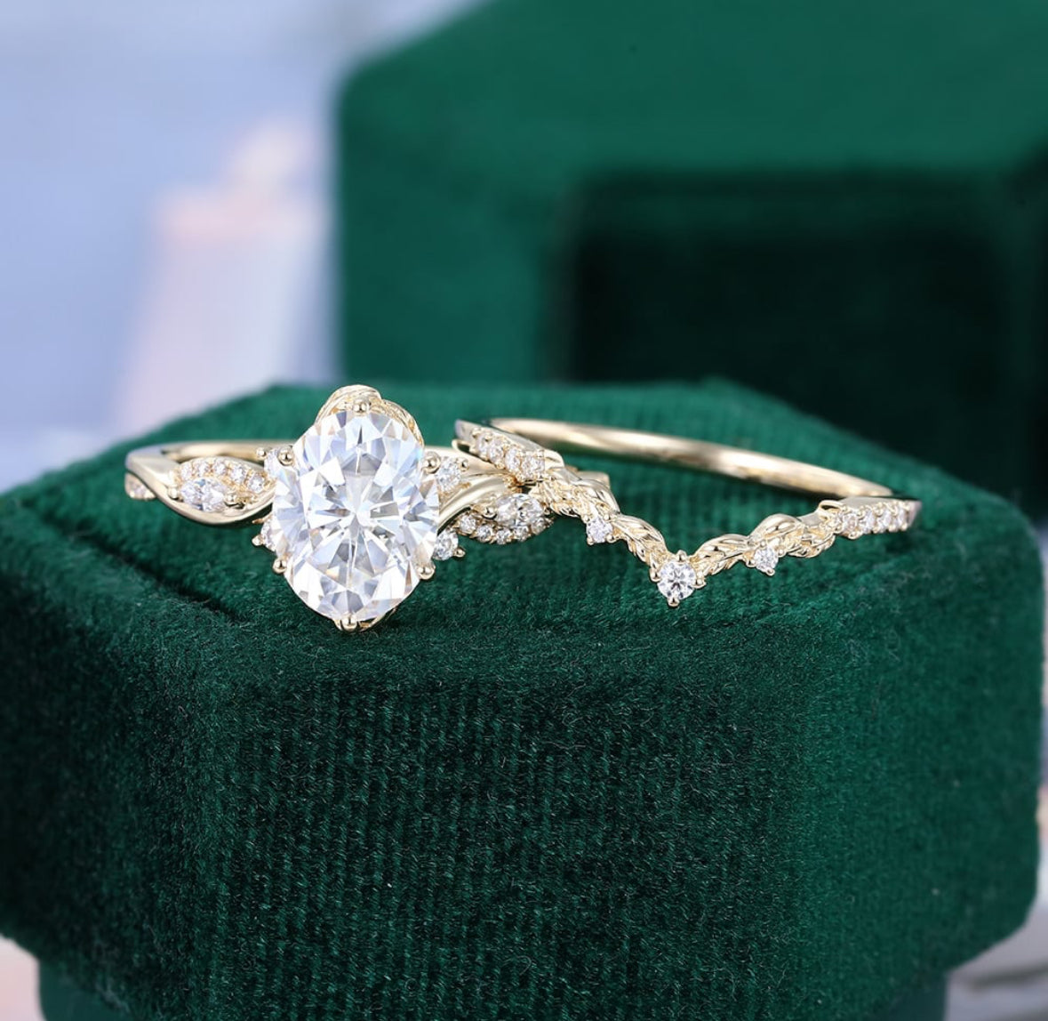 2ct Oval Cut Diamond Bridal Ring Set 2PCS Nature Inspired Matching Ring Set 18k Gold