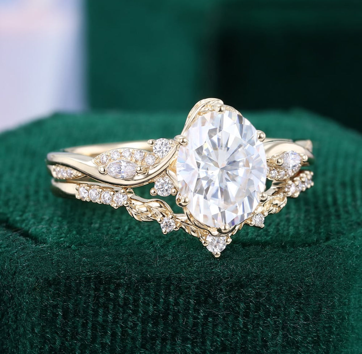 2ct Oval Cut Diamond Bridal Ring Set 2PCS Nature Inspired Matching Ring Set 18k Gold