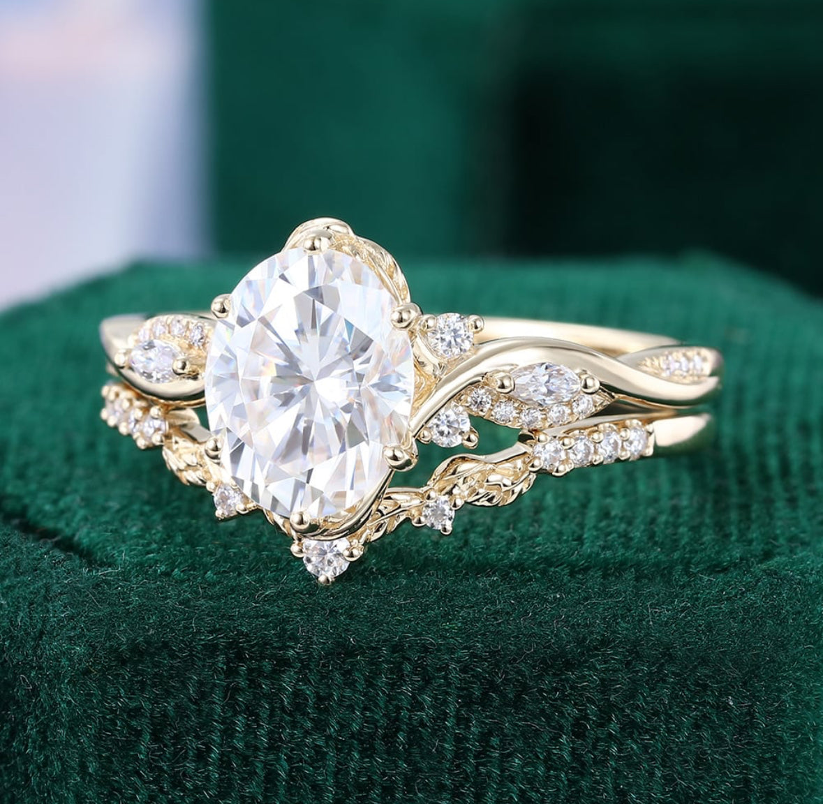 2ct Oval Cut Diamond Bridal Ring Set 2PCS Nature Inspired Matching Ring Set 18k Gold