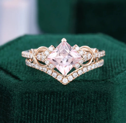 1.5 ct Princess Cut Pink Diamond Engagement Ring Infinity Bridal Ring Sets 18k Gold
