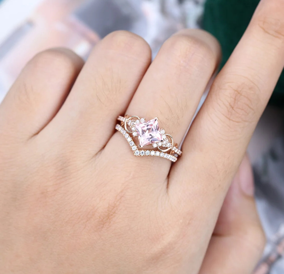 1.5 ct Princess Cut Pink Diamond Engagement Ring Infinity Bridal Ring Sets 18k Gold