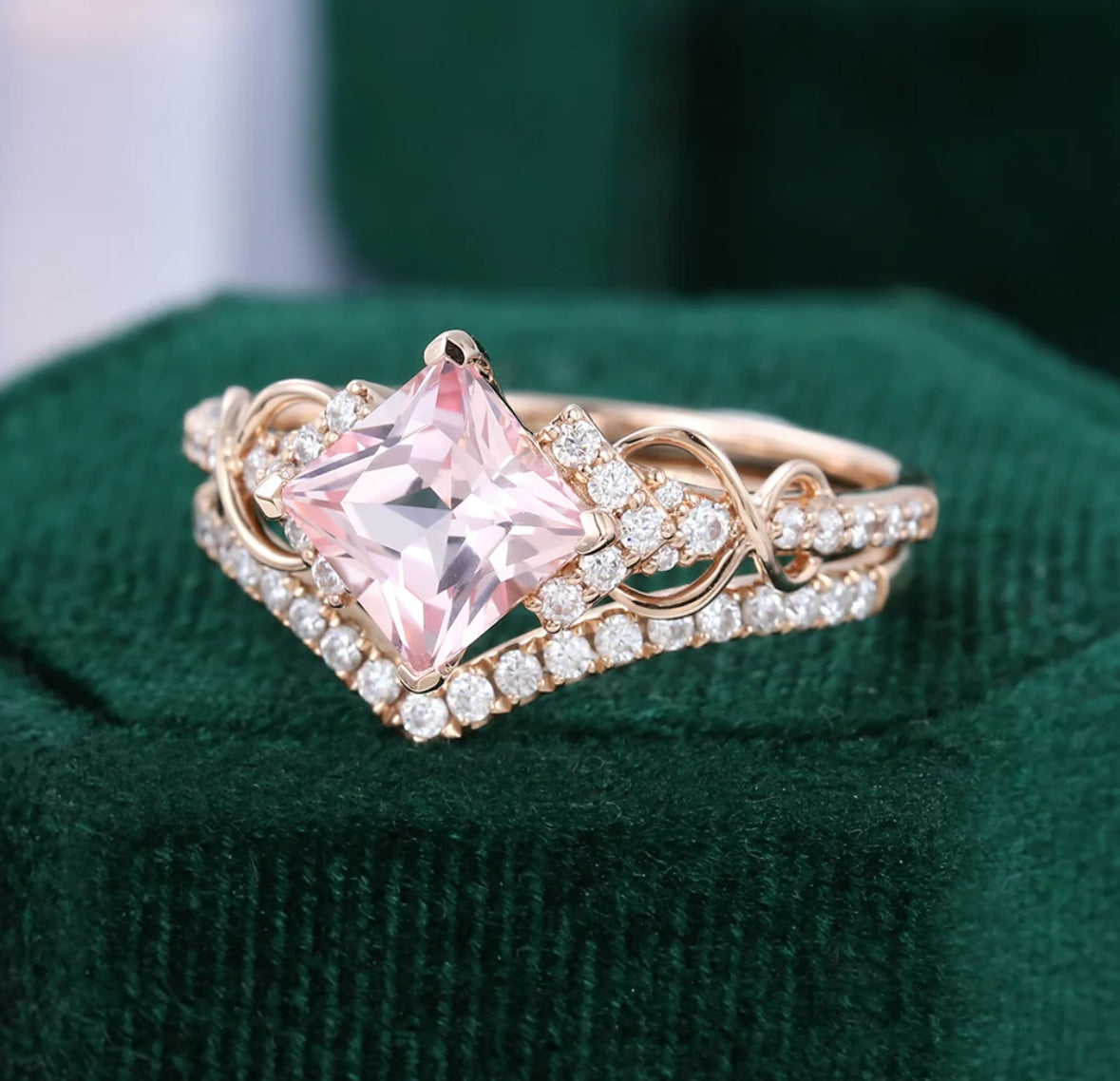 1.5 ct Princess Cut Pink Diamond Engagement Ring Infinity Bridal Ring Sets 18k Gold