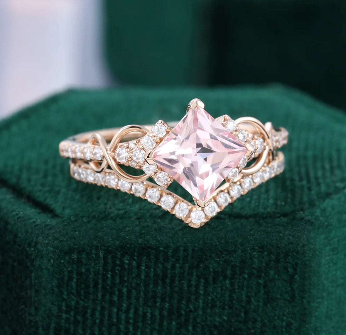 1.5 ct Princess Cut Pink Diamond Engagement Ring Infinity Bridal Ring Sets 18k Gold
