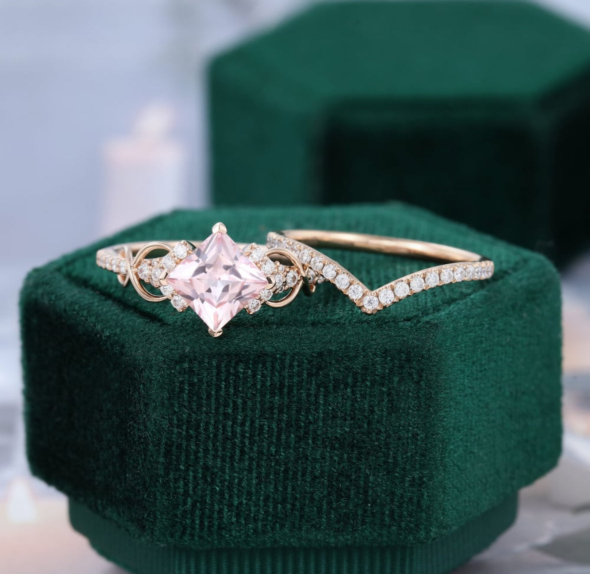 1.5 ct Princess Cut Pink Diamond Engagement Ring Infinity Bridal Ring Sets 18k Gold