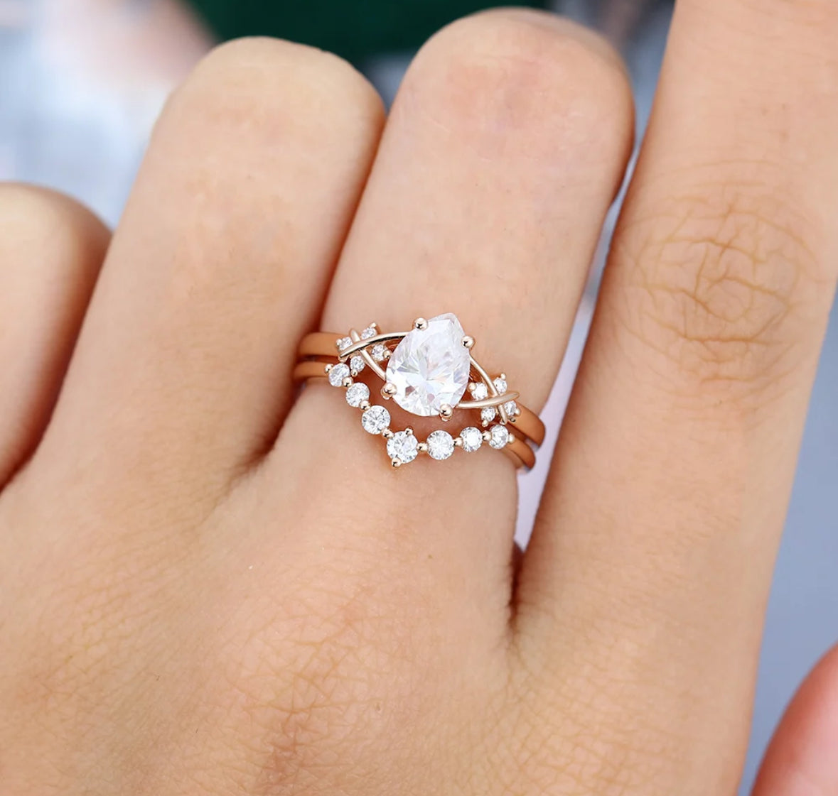 1.5 ct Pear Cut Diamond Criss Cross Diamond Accented Bridal Ring Set 18k Gold