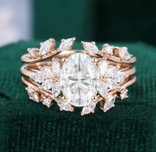 1.5 ct Oval Cut Diamond Petal Bridal Ring Set 18k Gold Marquise Diamond Accented