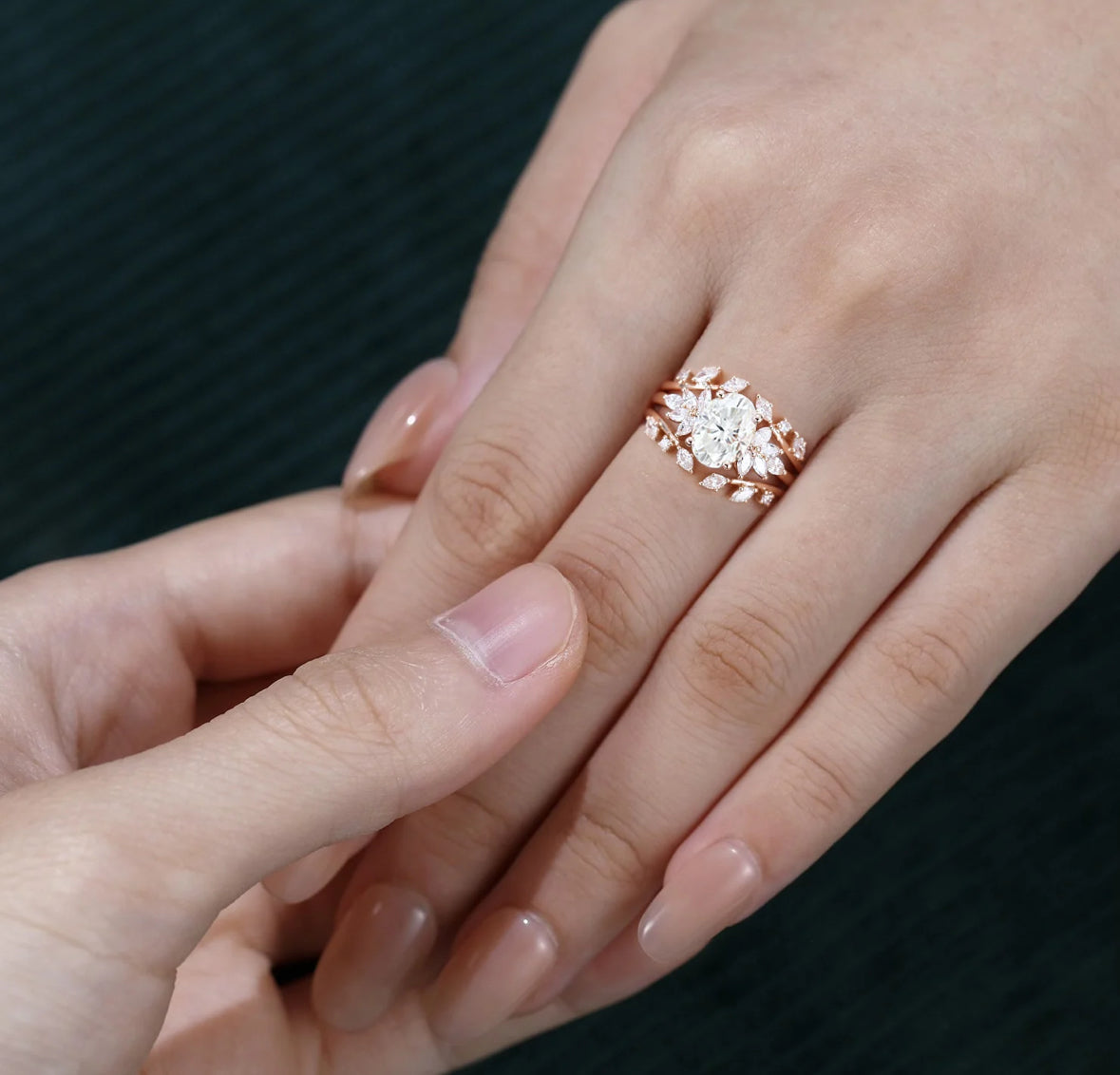 1.5 ct Oval Cut Diamond Petal Bridal Ring Set 18k Gold Marquise Diamond Accented