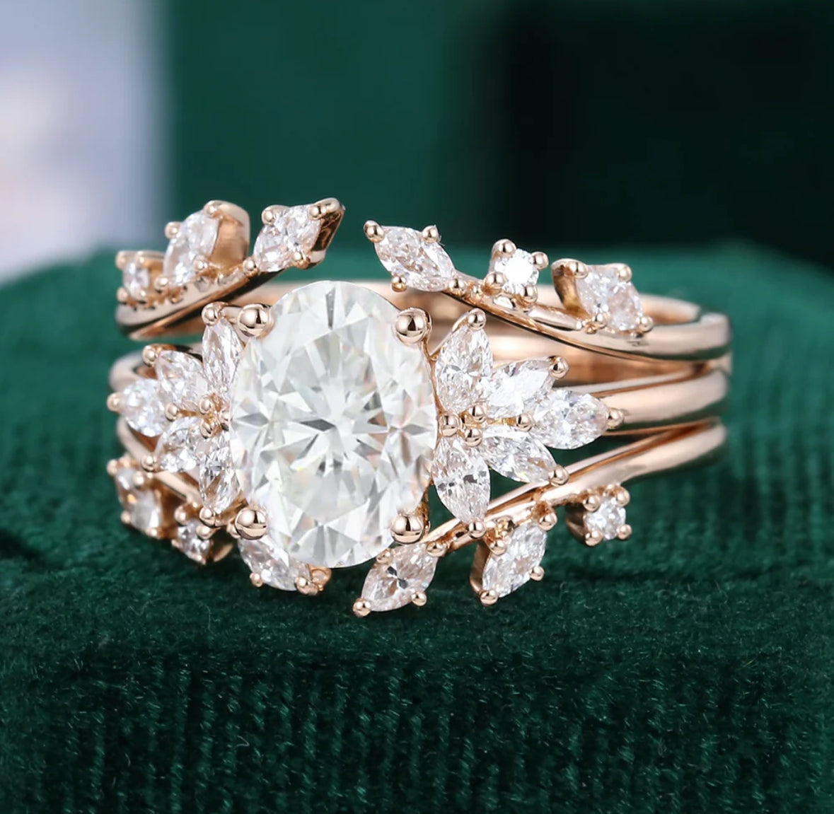 1.5 ct Oval Cut Diamond Petal Bridal Ring Set 18k Gold Marquise Diamond Accented