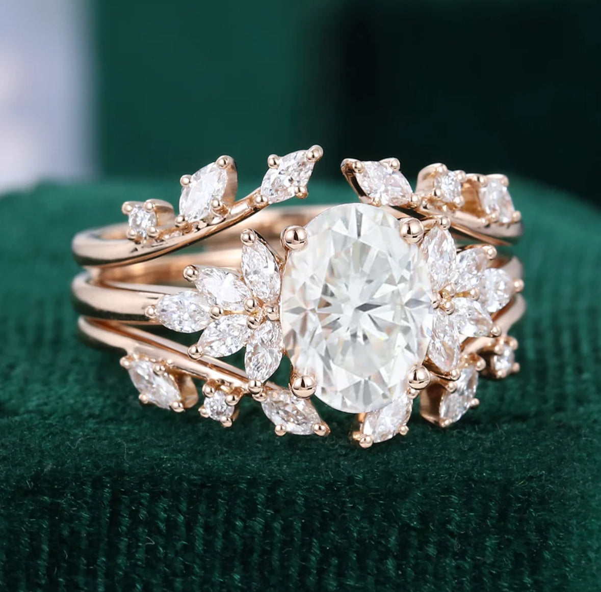 1.5 ct Oval Cut Diamond Petal Bridal Ring Set 18k Gold Marquise Diamond Accented