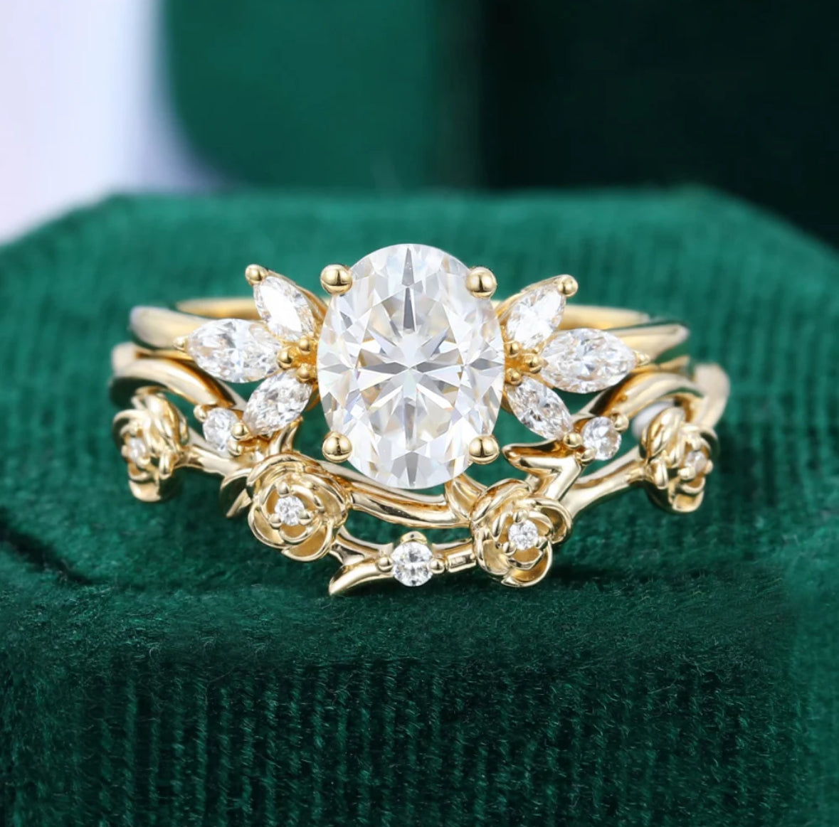 1.5 ct Vintage Oval Cut Diamond Engagement Ring Set Unique Rose & Twigs Design Bridal Set 18k Gold