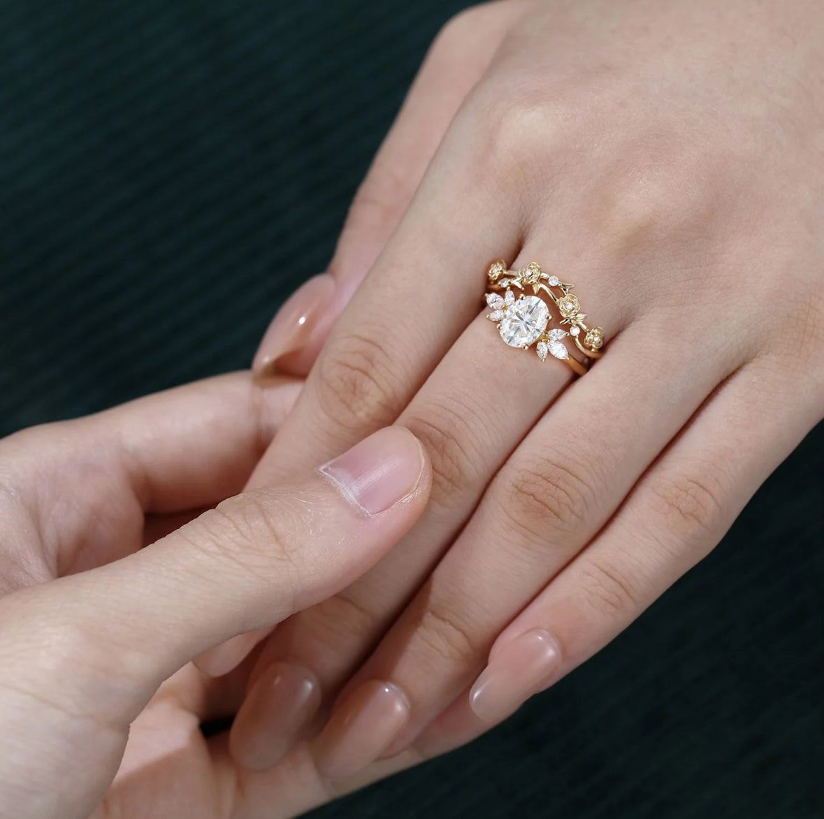 1.5 ct Vintage Oval Cut Diamond Engagement Ring Set Unique Rose & Twigs Design Bridal Set 18k Gold