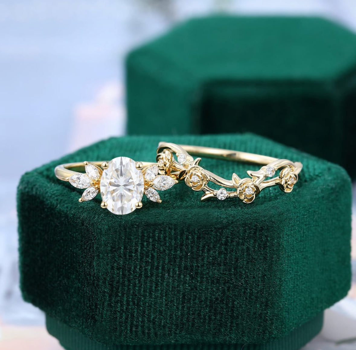 1.5 ct Vintage Oval Cut Diamond Engagement Ring Set Unique Rose & Twigs Design Bridal Set 18k Gold
