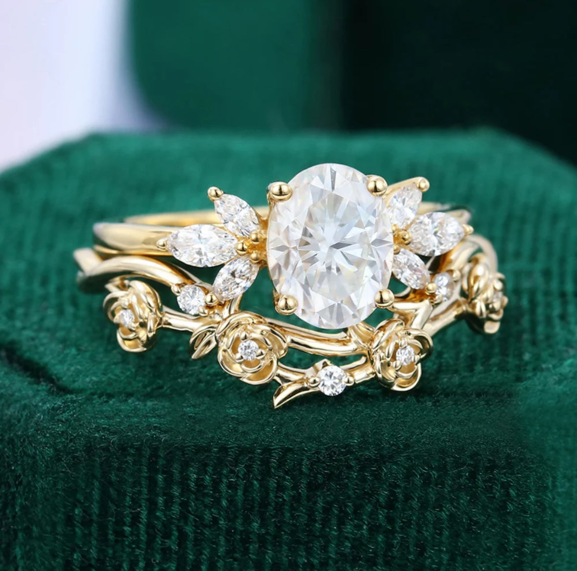 1.5 ct Vintage Oval Cut Diamond Engagement Ring Set Unique Rose & Twigs Design Bridal Set 18k Gold