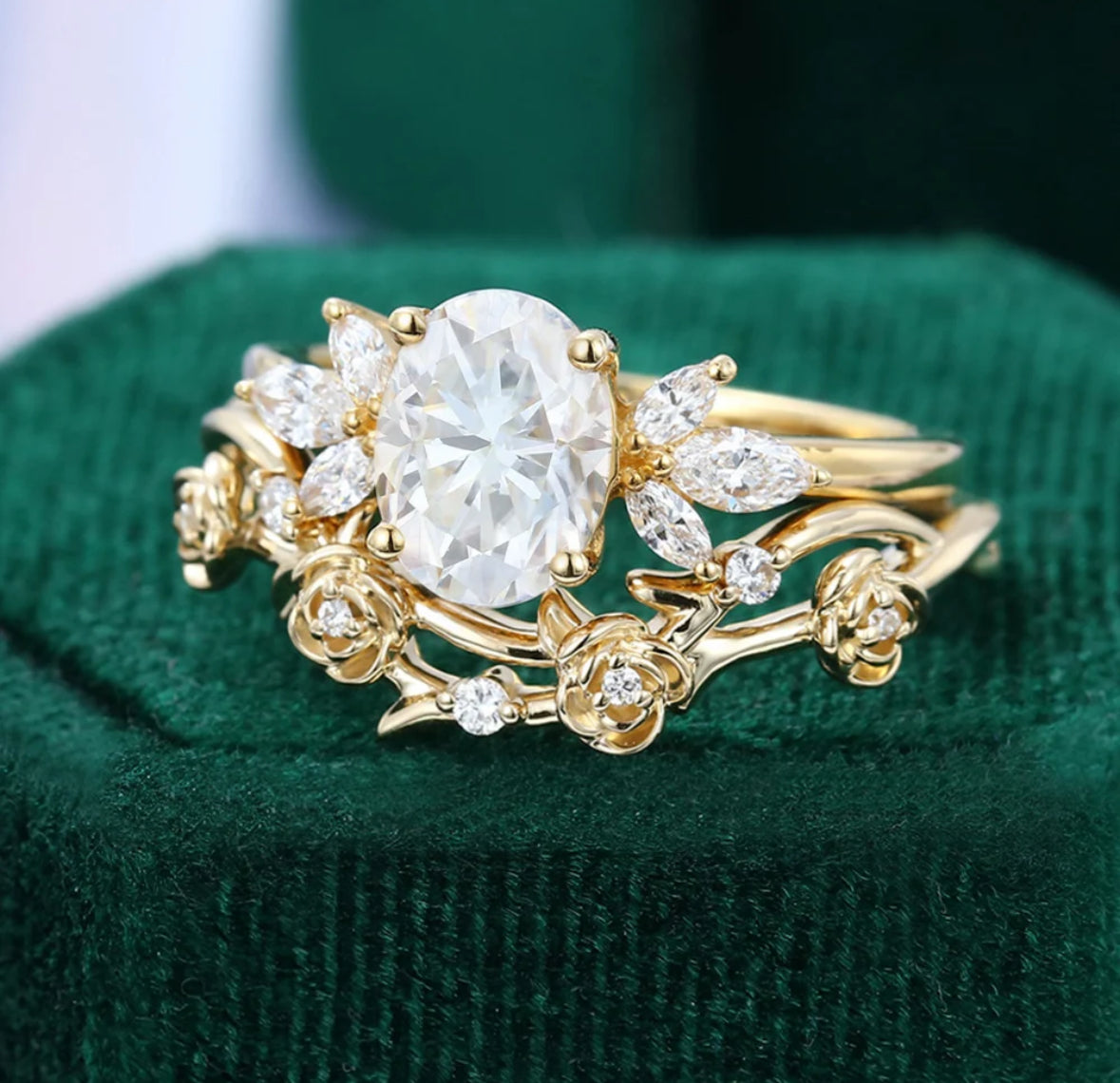 1.5 ct Vintage Oval Cut Diamond Engagement Ring Set Unique Rose & Twigs Design Bridal Set 18k Gold
