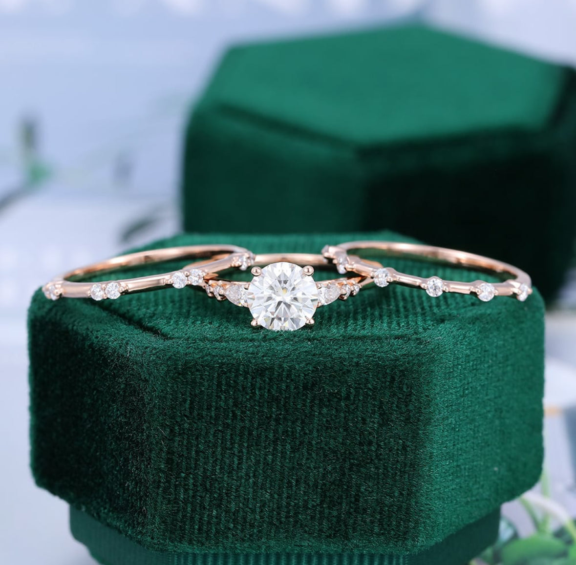 1.5 ct 3PCS Unique Diamond Engagement Ring Set 18k Gold
