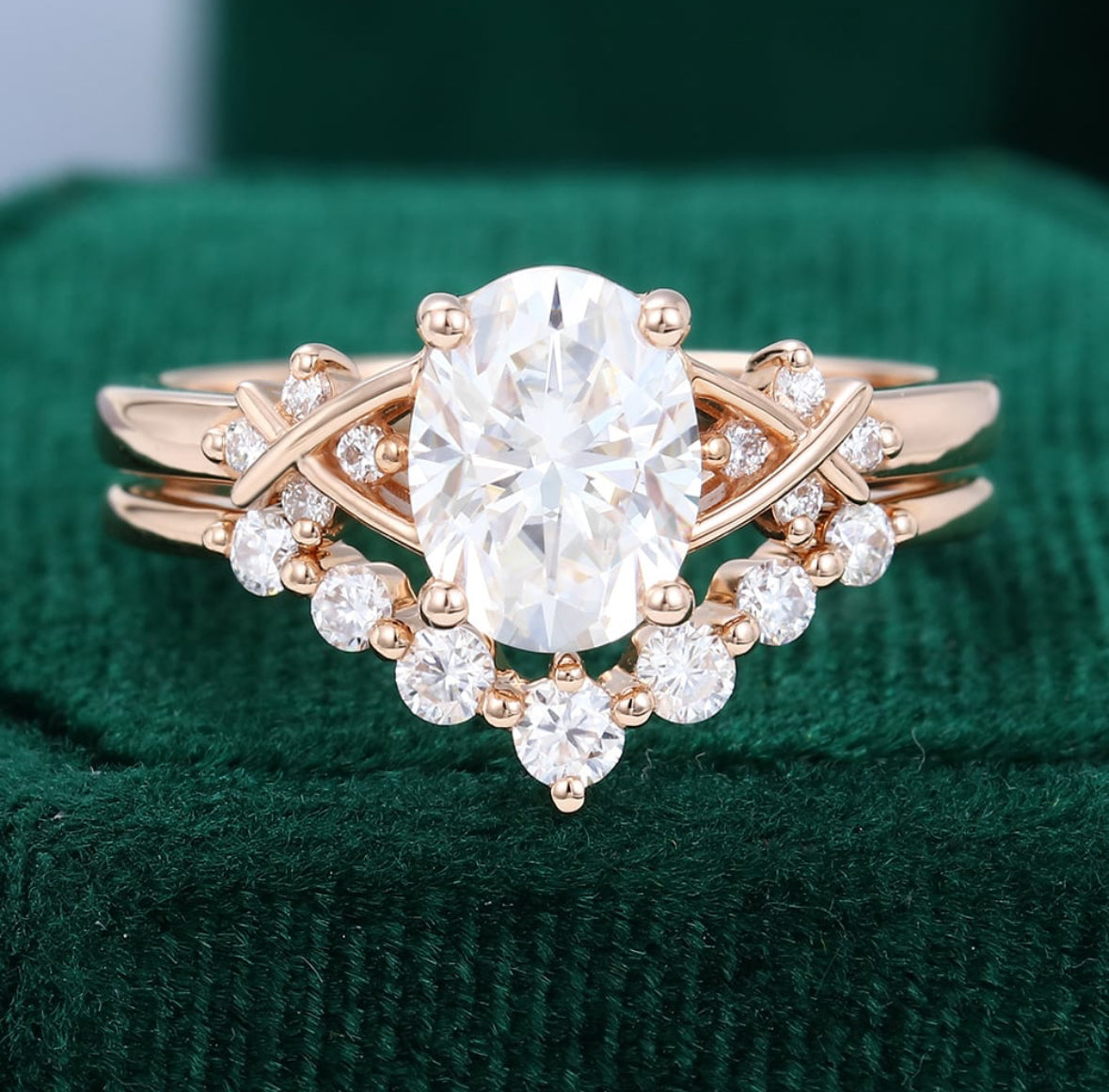 1.5 ct Oval Cut Criss Cross Diamond Accented Bridal Ring Set 18k Gold