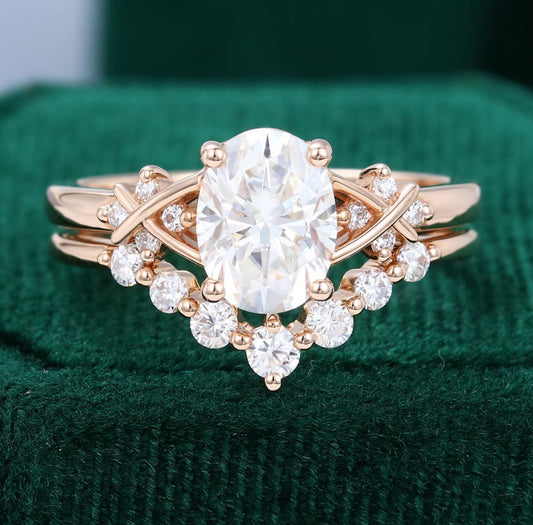 1.5 ct Oval Cut Criss Cross Diamond Accented Bridal Ring Set 18k Gold