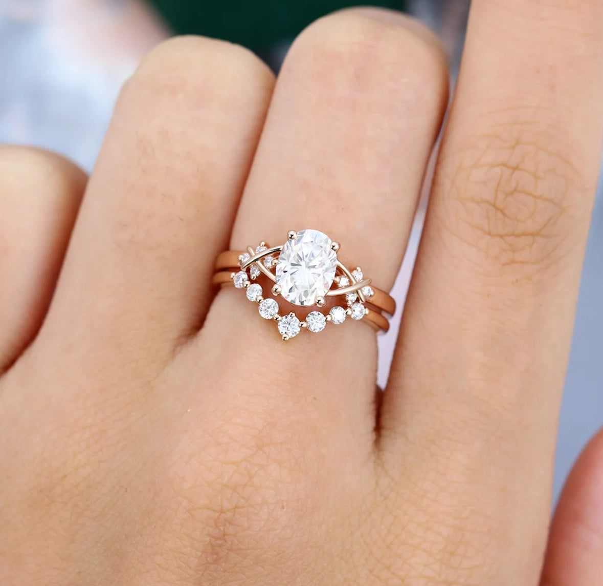 1.5 ct Oval Cut Criss Cross Diamond Accented Bridal Ring Set 18k Gold