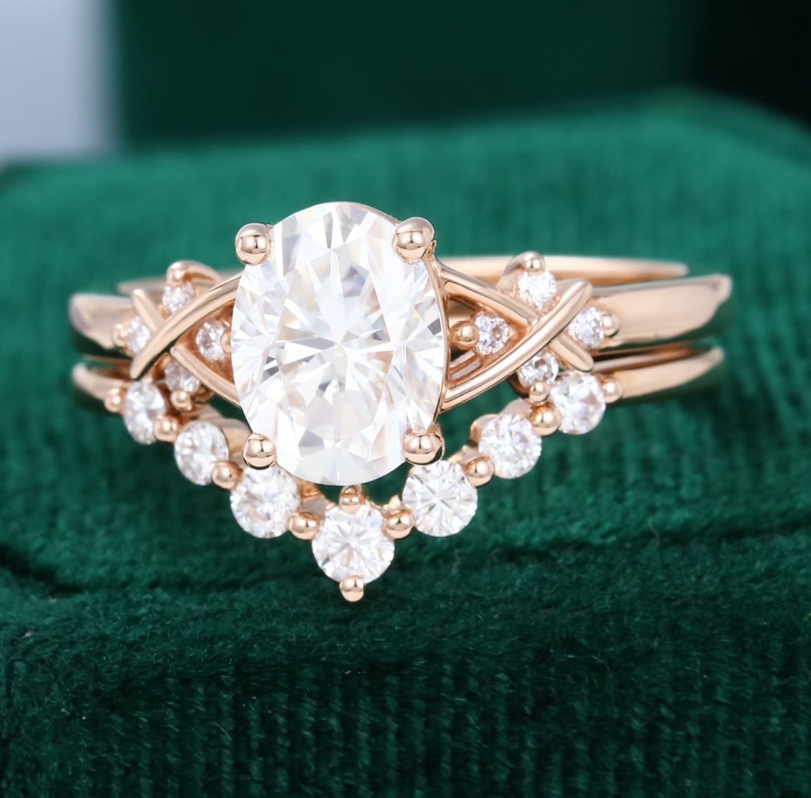 1.5 ct Oval Cut Criss Cross Diamond Accented Bridal Ring Set 18k Gold