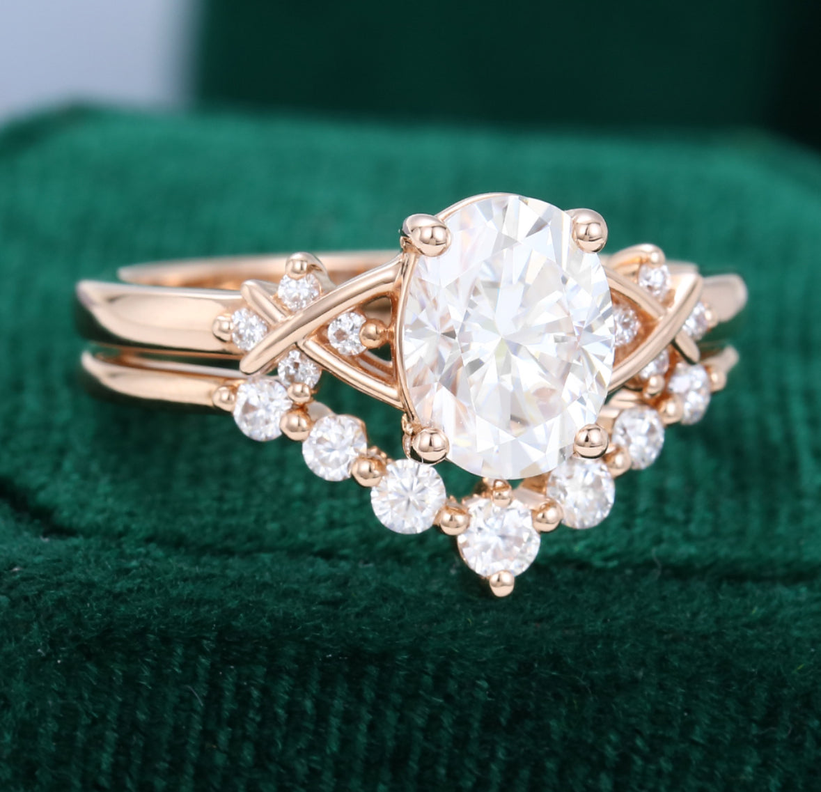 1.5 ct Oval Cut Criss Cross Diamond Accented Bridal Ring Set 18k Gold