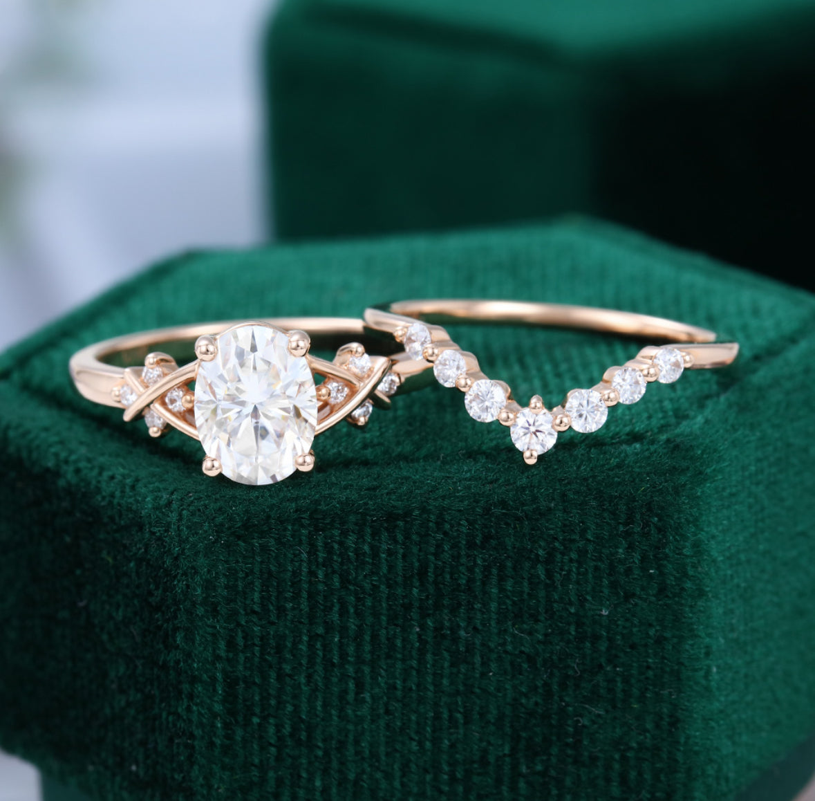 1.5 ct Oval Cut Criss Cross Diamond Accented Bridal Ring Set 18k Gold