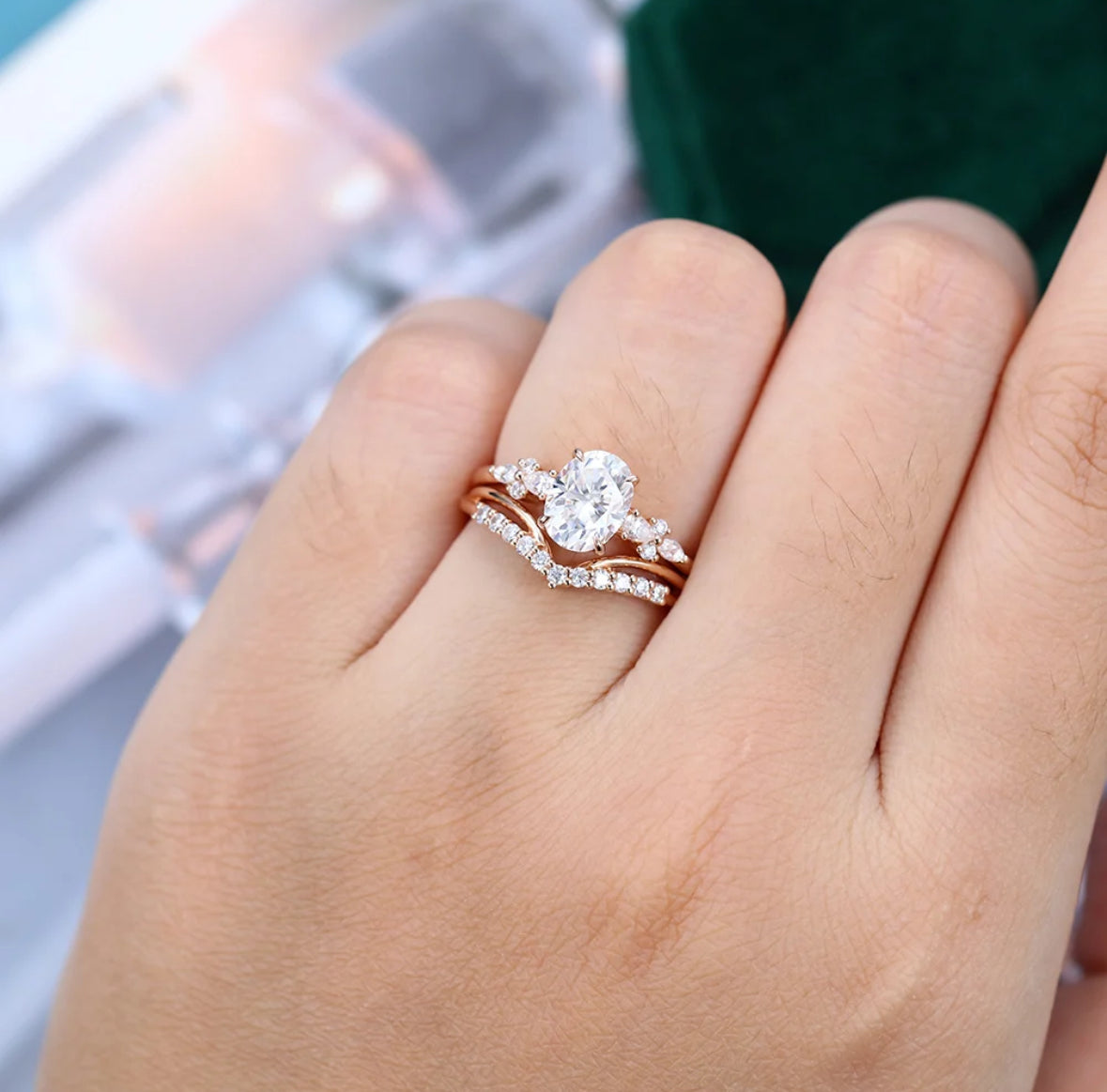 1.5 ct Oval Cut Diamond Bridal Ring Set 18k Gold Side Stone Engagement Ring